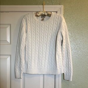 L.L. Bean Classic Cream White Cable Knit Crewneck Sweater 100% Cotton